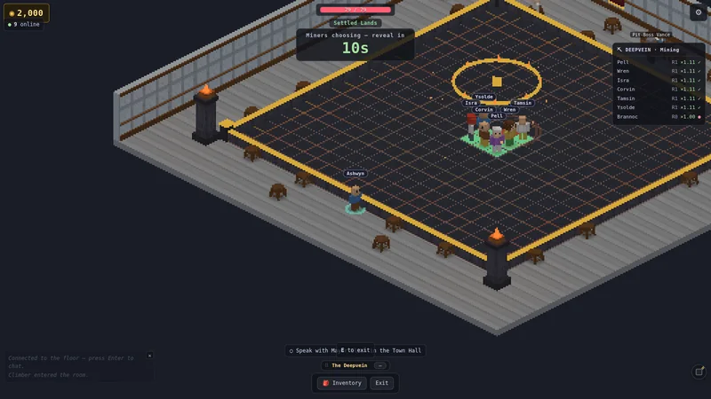 The Deepvein with the round HUD: turn timer, miners list and cash-out button.