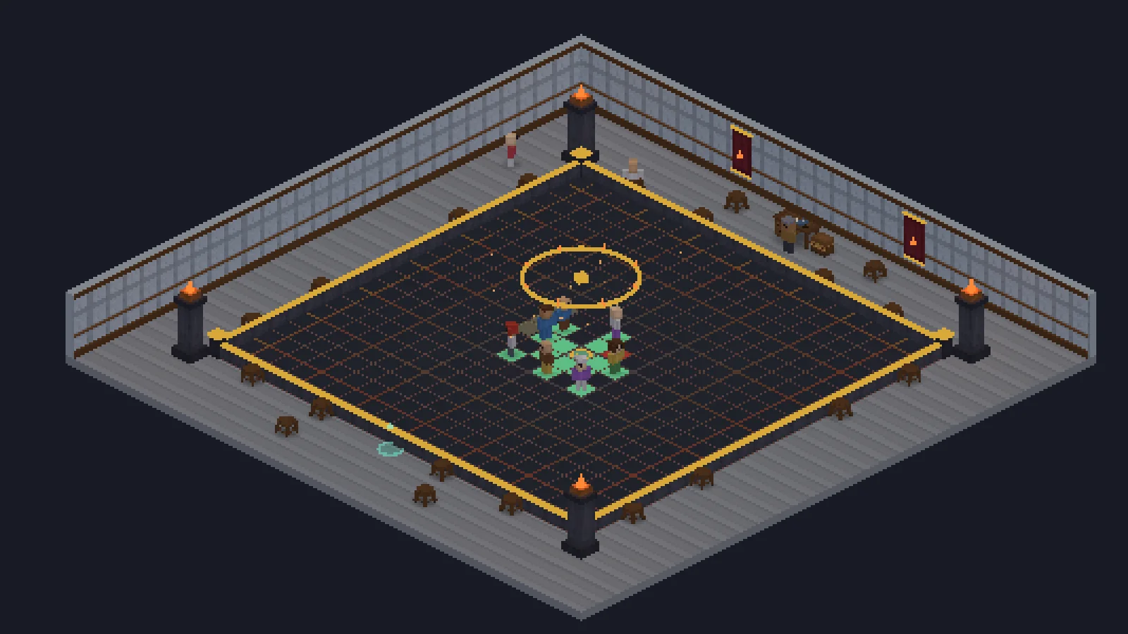 A live Deepvein round: miners digging outward from the centre, ore tiles lit green and a cave-in in red, with spectators along the rail.