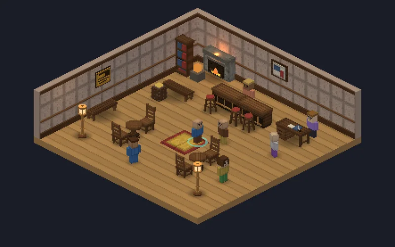 The Wayfarer's Inn, with Hearth-Mother Bryn, the cooking hearth and the Exchange Broker.