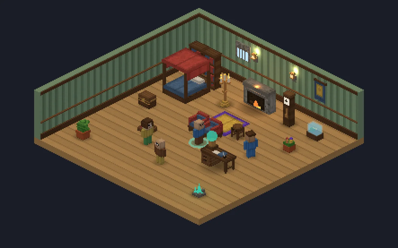 A furnished player room: canopy bed, fireplace and armchairs, a grandfather clock and an aquarium, with visitors inside.