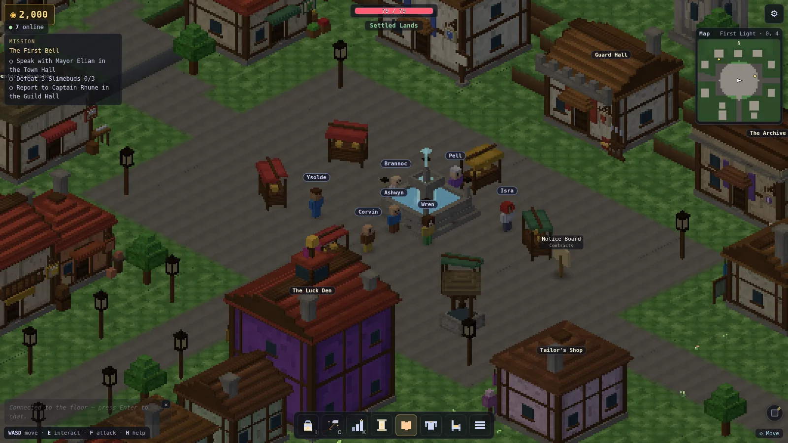 The First Light market green with the full game HUD: quest tracker, minimap, nameplates over a crowd at the fountain, and the action bar.